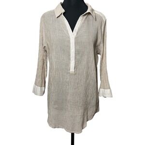 Women Tan Cream Striped Crinkle Cotton Semi Sheer Boho Beachy Tunic Blouse Large